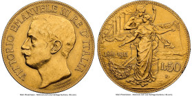Vittorio Emanuele III gold "Kingdom Anniversary" 50 Lire 1911-R UNC Details (Cleaned) NGC, Rome mint, KM54. Mintage: 20,000. Commemorating the 50th an...