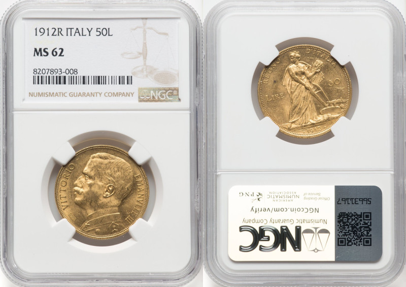 Vittorio Emanuele III gold 50 Lire 1912-R MS62 NGC, Rome mint, KM49, Fr-27. HID0...