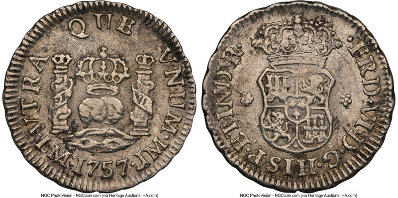 Ferdinand VI 1/2 Real 1757 LM-JM AU58 NGC, Lima mint, KM51. HID09801242017 © 202...