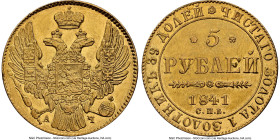 Nicholas I gold 5 Roubles 1841 CПБ-AЧ AU58 NGC, St Petersburg mint, KM-C175.1, Fr-155. Quite a lovely specimen with minimal circulation and ample orig...