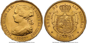 Isabel II gold 10 Escudos 1867 MS63 NGC, Madrid mint, KM636.1. An alluring example with warm golden surfaces that are satin in nature. HID09801242017 ...