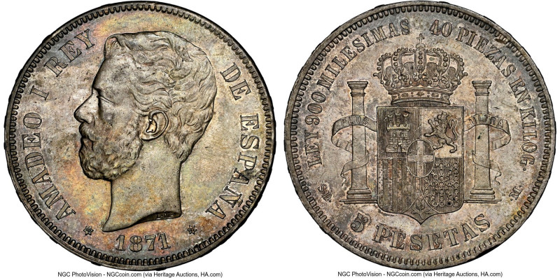 Amadeao I 5 Pesetas 1871(71) SD-M MS62 NGC, Madrid mint, KM666. HID09801242017 ©...