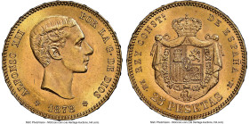 Alfonso XII gold 25 Pesetas 1878(78) EM-M MS65 NGC, Madrid mint, KM673. Displaying gem-quality surfaces of interspersed orange and white gold tone. To...
