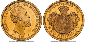 Oscar II gold 20 Kronor 1885-EB MS65 NGC, Stockholm mint, KM748, Fr-93a. This splendid example of a rare date boasts full, gleaming mint brilliance th...