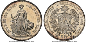 Confederation "Bern Shooting Festival" 5 Francs 1885 MS64 NGC, Bern mint, KM-XS17, Richter-193. Excellent eye appeal with whirling luster and soft ton...