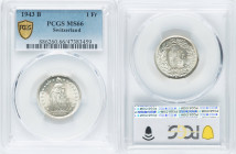 Confederation 4-Piece Lot of Certified Francs PCGS, 1) Franc 1943-B - MS66 2) Franc 1952-B - MS67 3) Franc 1958-B - MS67 4) Franc 1959-B - MS66 Bern m...