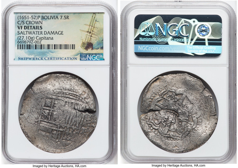 Philip IV "Capitana" 7-1/2 Reales ND (1651-1652)-P VF Details (Saltwater Damage)...