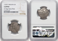 Luis I Cob 2 Reales 1727 P-Y Clipped NGC, Potosi mint, KM34, Cal-27. 5.76gm. The "Calico Plate" example, very presentable despite the lack of a proble...