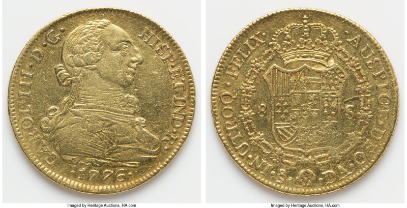 Charles III gold 8 Escudos 1776 So-DA XF, Santiago mint, KM27. 26.87gm. HID09801...