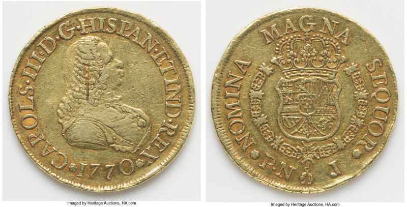 Charles III gold 8 Escudos 1770 PN-J XF, Popayan mint, KM38.2. 26.91gm. HID09801...