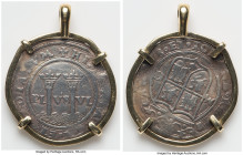 Charles & Johanna "Late Series" 2 Reales ND (1542-1555) M-G XF (Mounted), Mexico City mint, KM12. Total weight: 7.26gm. Mounted in 18k gold. A solid n...