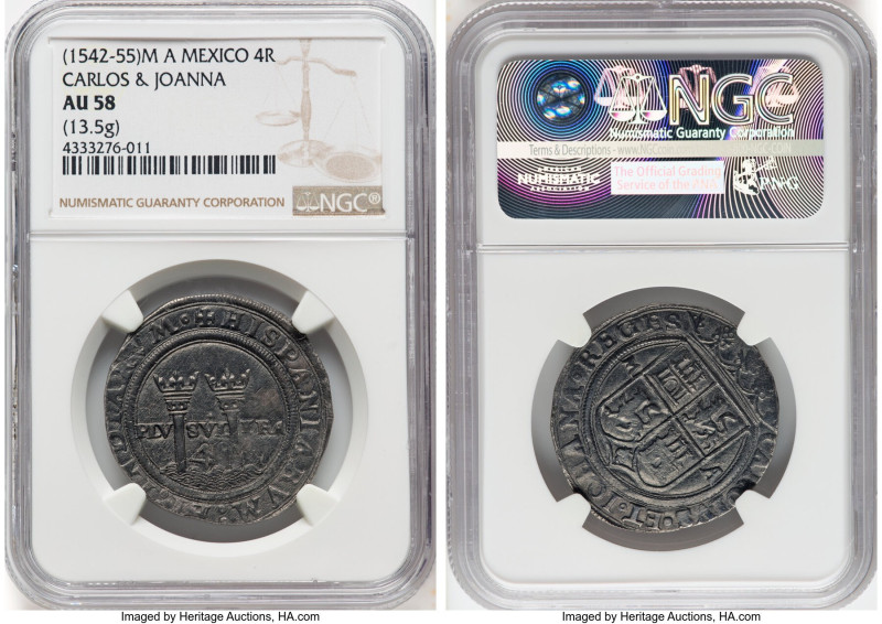 Charles & Johanna "Late Series" 4 Reales ND (1542-1555) M-A AU58 NGC, Mexico Cit...