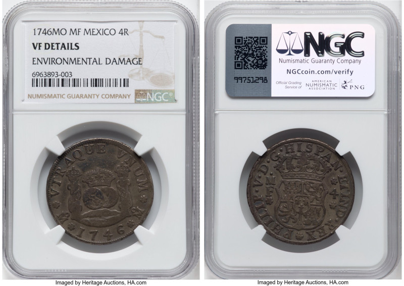 Philip V 4 Reales 1746 Mo-MF VF Details (Environmental Damage) NGC, Mexico City ...