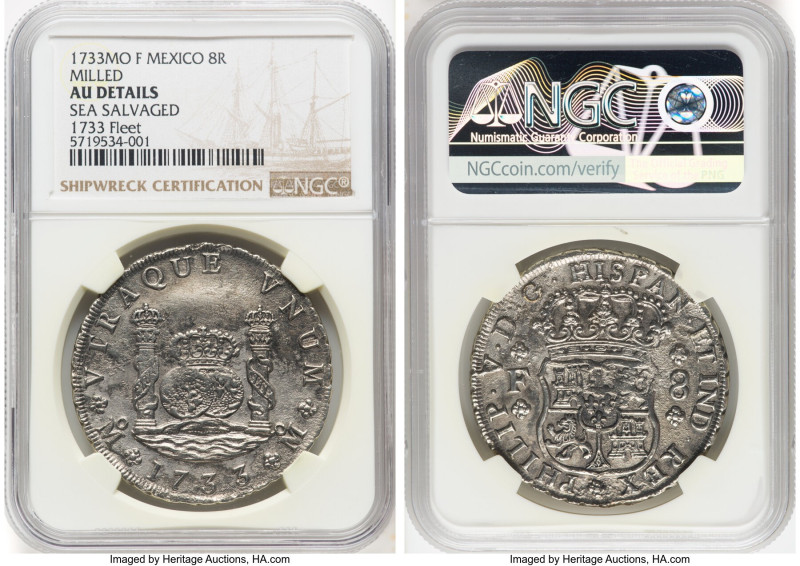 Philip V "Milled" 8 Reales 1733 Mo-F AU Details (Sea Salvaged) NGC, Mexico City ...