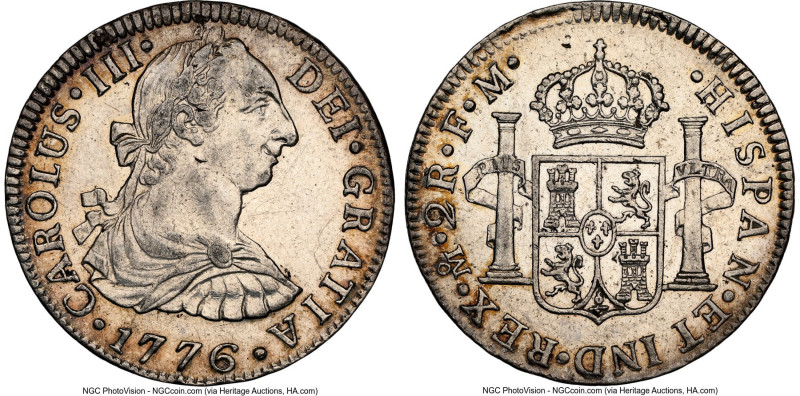 Charles III 2 Reales 1776 Mo-FM AU Details (Cleaned) NGC, Mexico City mint, KM88...