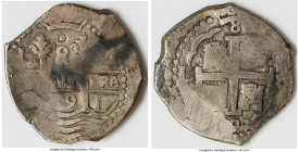 Charles II "Association" Cob 8 Reales 1689 L-V XF (Saltwater Effect), Lima mint, KM24. 26.98gm. Salvaged from the Association (sunk in 1707 off the is...