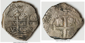 Charles II "Association" Cob 8 Reales 1689 L-V AU (Saltwater Effect), Lima mint, KM24. 27.11gm. Salvaged from the Association (sunk in 1707 off the is...
