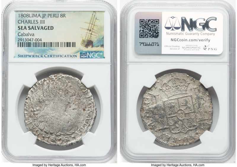 Charles IV "Cabalva" 8 Reales 1808 LM-JP Details Sea Salvaged NGC, Lima mint, KM...