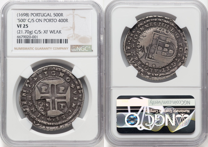 Pedro II Counterstamped 500 Reis ND (1698) VF25 NGC, Porto mint, KM438.3. C/S (X...