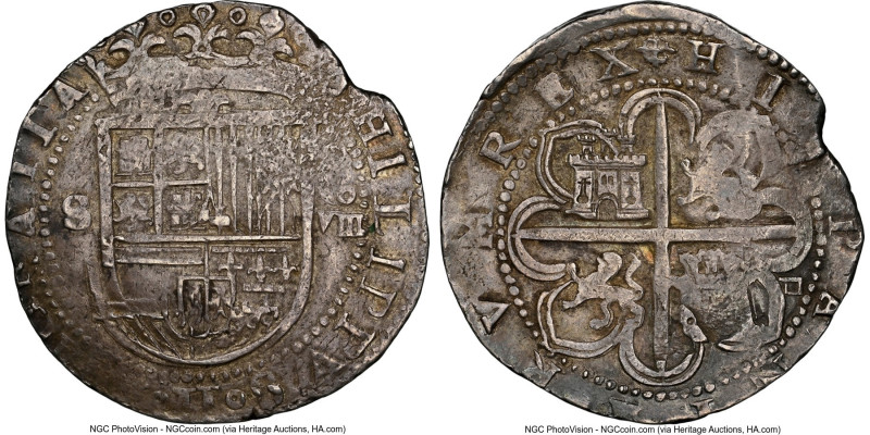 Philip II Cob 8 Reales ND (before 1588) S-D AU55 NGC, Seville mint, Cal-720. Squ...