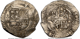 Philip II Cob 8 Reales 1590 T-M AU55 NGC, Toledo mint, Cal-752. 27.51gm. Date at beginning of obverse legend. A scarce piece, here presented with well...