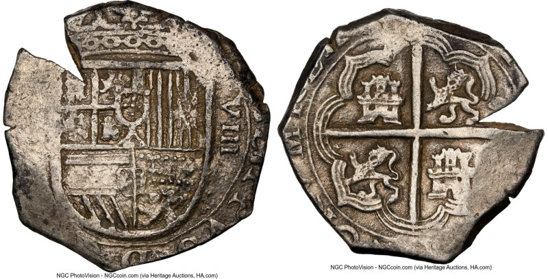 Philip II Cob 8 Reales ND (1596-1598)-B AU53 NGC, Seville mint, Cal-Type-206. OM...