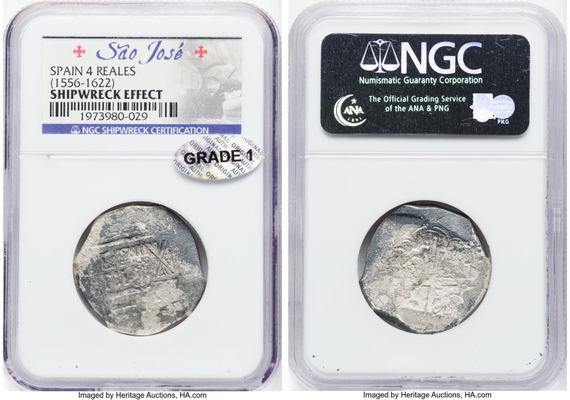 Philip II-Philip III "São José" Cob 4 Reales ND (1556-1622) Shipwreck Effect NGC...