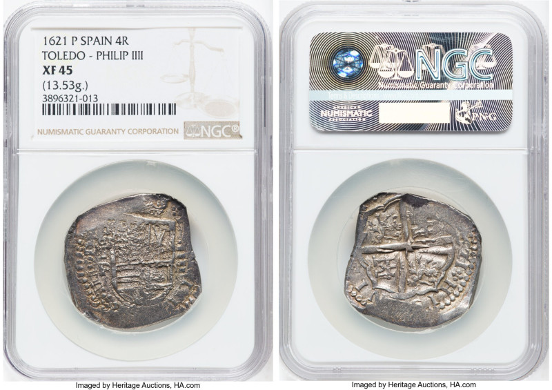 Philip IV Cob 4 Reales 1621 T-P XF45 NGC, Toledo mint, KM35.7. 13.53gm. HID09801...