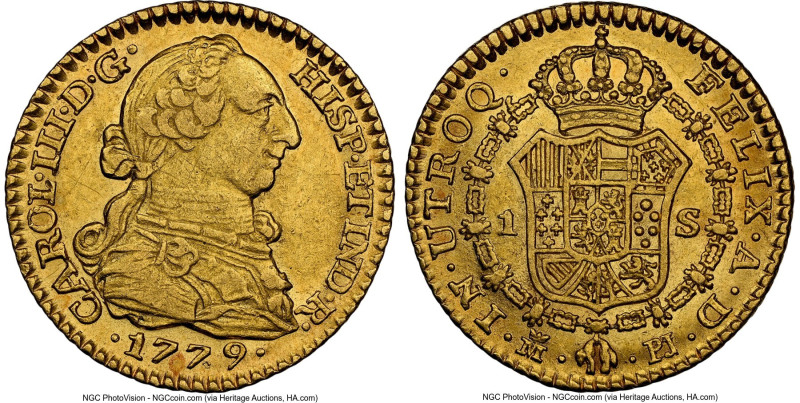 Charles III gold Escudo 1779 M-PJ AU58 NGC, Madrid mint, KM416.1. With blooming ...
