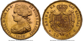 Isabel II gold 10 Escudos 1868(73) MS63 NGC, Madrid mint, KM636.3. Choice and lightly toned. HID09801242017 © 2024 Heritage Auctions | All Rights Rese...