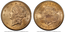 Republic gold "S.S. Central America" 20 Dollars 1857-S MS63 PCGS, San Francisco mint, KM74.1. Variety 20B, bold S. SSCA 3088. Salvaged from the "S. S....