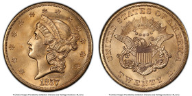 Republic gold "S.S. Central America" 20 Dollars 1857-S MS63 PCGS, San Francisco mint, KM74.1. Variety 20D, bold 7, faint S. SSCA 3986. Salvaged from t...