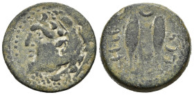 IBERIA. GADES. Bronzo. II secolo a.C. (AE 12,57 g). D/ testa di Ercole a sinistra; R/ due tonni, tra di loro un crescente. SNG BM Spain 228: Burgos 10...