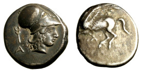 AKARNANIA. LEUKAS (350-330 aC) Statere. (20mm, g. 8,53) Pegaso in volo verso sn. R/ Testa di Atena a ds., coperta da elmo corinzio; dietro, un caduceo...