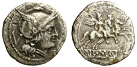 ANONIME (dopo 211 a.C.) Quinario (g. 2.02) Testa di Roma elmata a ds. R/ I Dioscuri a cavallo al galoppo verso ds. Cr. 44/6; B. 3. AR +BB