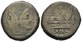 EMISSIONI FAMILIARI. Roma. Asse. Emissione del 169-158 a.C. AE (25,62 g). D/ testa di Giano, sopra segno di valore; R/ prua di nave a destra; in eserg...