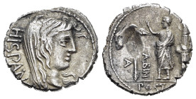 REPUBBLICA ROMANA. A. Postumio Albinio. Roma. Denario. 81 a.C. circa AR (3,35 g). D/ testa di Hispania a destra, dietro HISPAN. R/ figura togata tra f...