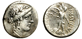 HOSTILIA. L. Hostilius Saserna (48 a. C.) Denario. Testa di Venere a ds. con corona di foglie di quercia R/ Vittoria con caduceo e trofeo. AR (g. 3,92...