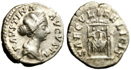 FAUSTINA FIGLIA (moglie di Marc’Aurelio) Denario. Busto diad. a ds. R/ Trono con i bimbi Commodo e Lucio Vero seduti. AR (g. 3,14) C. 190, RIC 711. Ra...