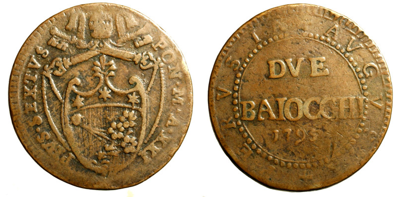 PERUGIA. PERVGIA. Pio VI (1775-1799)Due baiocchi 1795/ XXI. Stemma R/ DVE/ BAIOC...