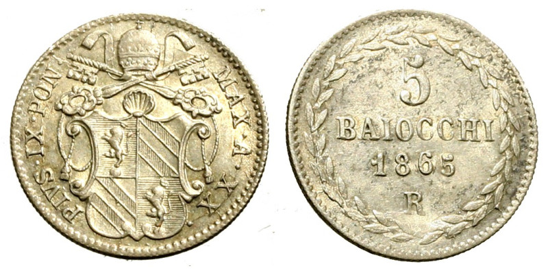 ROMA. Pio IX (1846-1870) 5 baiocchi 1865/ XX. Semma R/ Valore in ghirlanda. Pag....