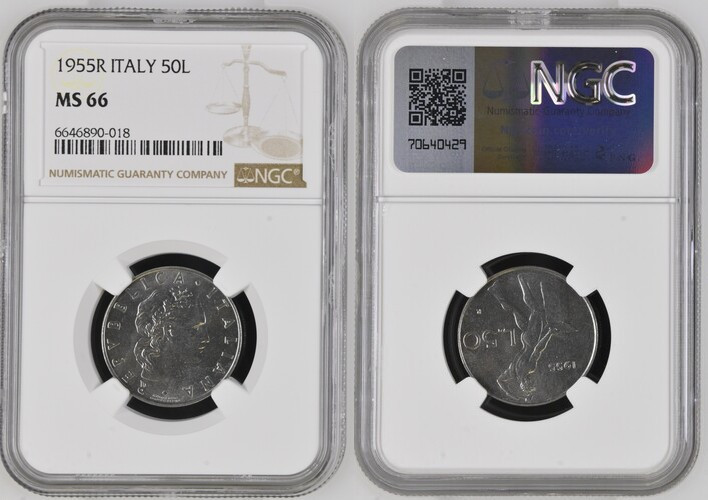 REPUBBLICA ITALIANA. 50 lire 1955 "Vulcano". Gig. 144. In slab NGC - MS 66 Top P...