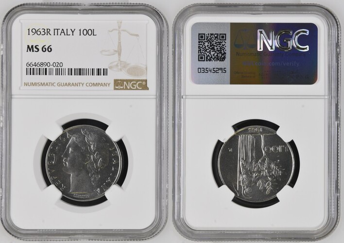 Repubblica Italiana. 100 Lire 1963 Minerva. Gig. 100. IN Slab NGC - MS 66 Top Po...