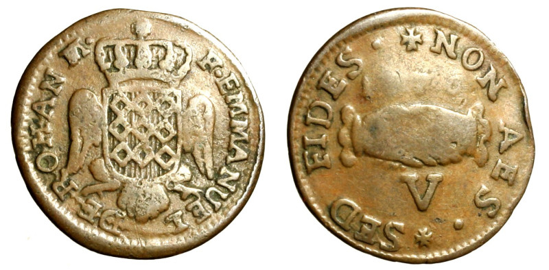 MALTA. Emmanuel de Rohan (1775-1797) 5 grani 1776. Stemma coronato R/ Due mani s...