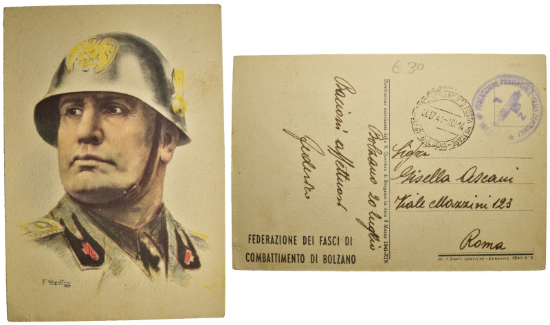 Ventennio Fascista (1922-1943). Benito Mussolini. Cartolina viaggiata. "Federazi...