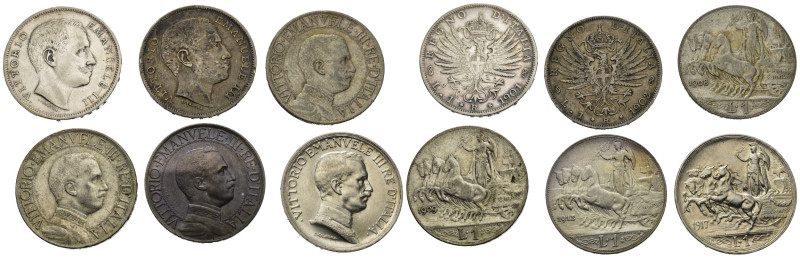 Regno d'Italia. Lotto di 6 monete da 1 lira argento. 1908; 1909; 1901; 1902; 191...