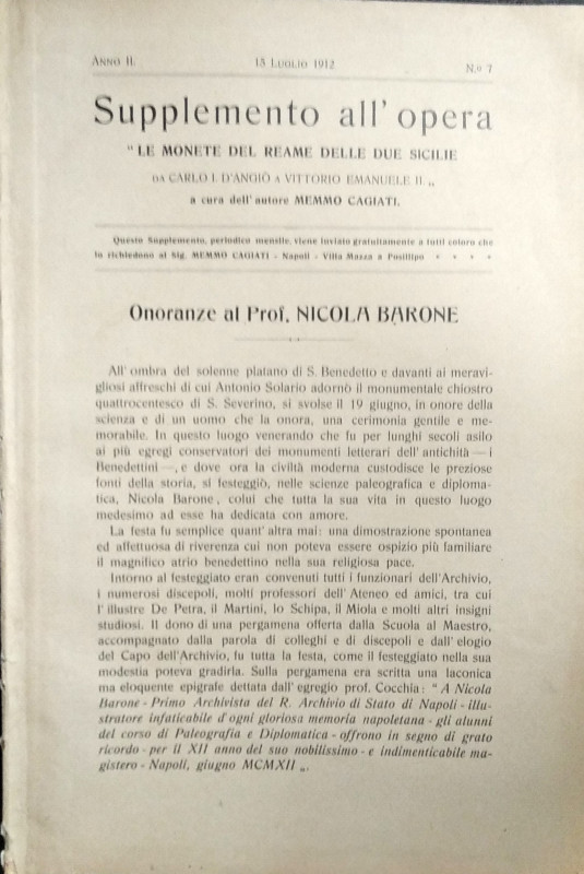 CAGIATI M. - Supplemento all'opera: Le monete del Reame delle Due Sicilie. Napol...