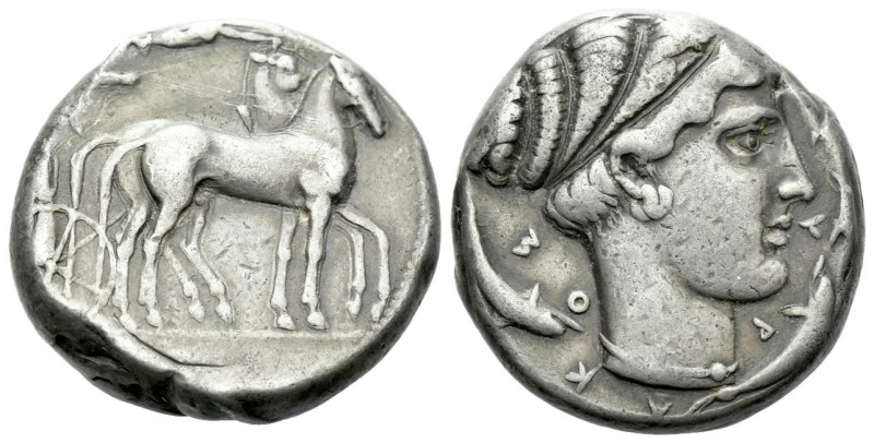 Sicily, Syracuse Tetradrachm circa 430-420, AR 24.00 mm., 17.19 g.
Slow quadrig...