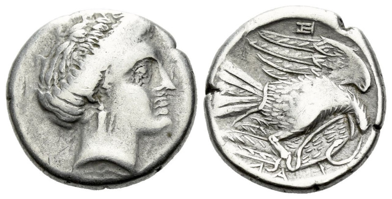 Euboea, Chalcis Drachm circa 338-308, Æ 15.00 mm., 3.55 g.
Head of the nymph Ch...