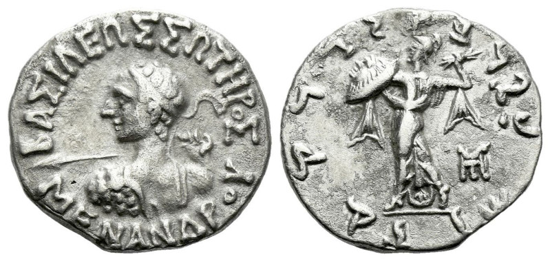 Bactria, Menander Drachm circa 155-130, AR 16.40 mm., 2.39 g.
BAΣIEΛΩΣ ΣΩTHPoΣ ...